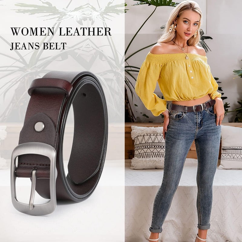 WHIPPY Women Leather Belts for Jeans Pants Fashion Dress Belt for Women with Solid Pin Buckle, Coffee, L - Image 2
